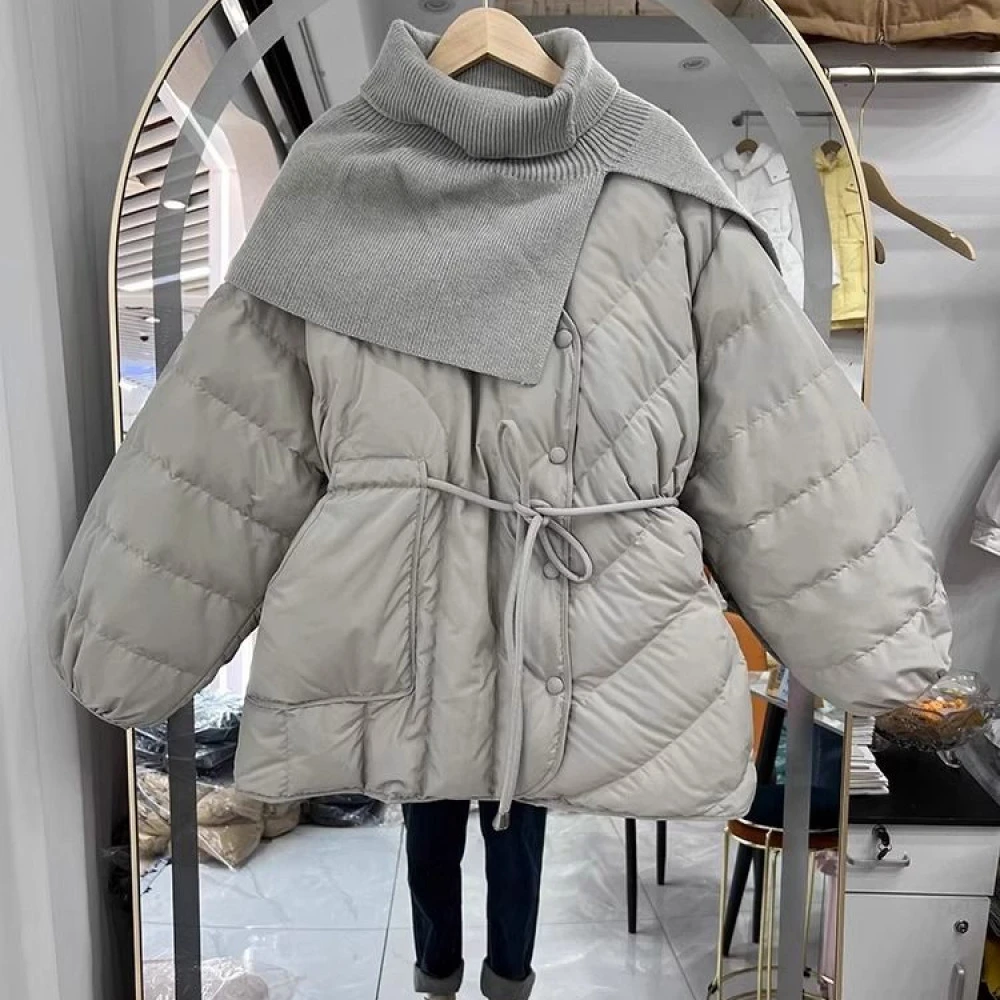 小香风2023冬季新款棉服女短款V领针织围脖披肩收腰棉袄外套