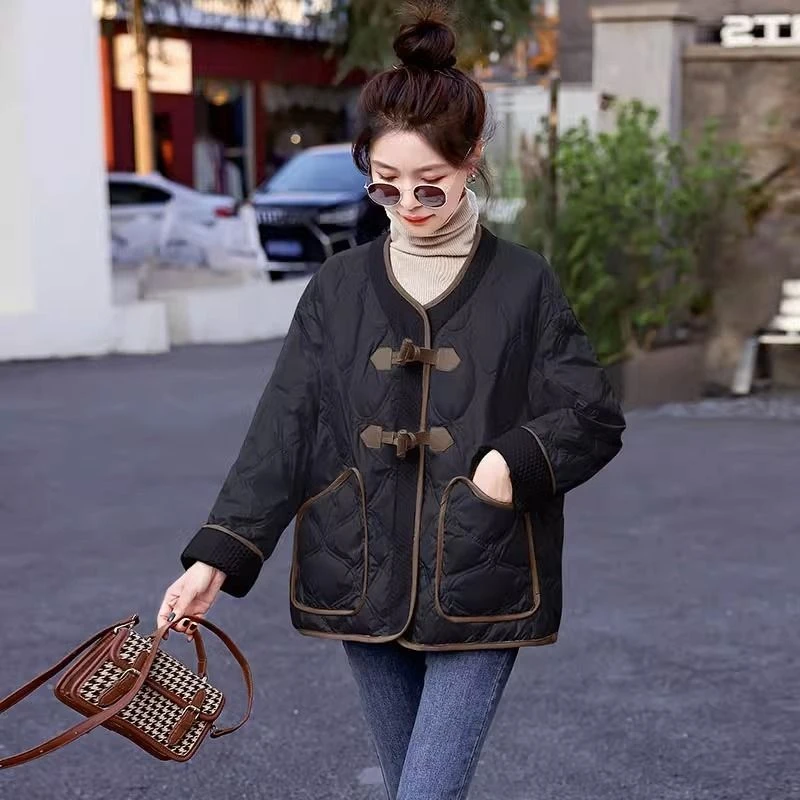 宽松拼接菱格文艺棉服女冬季大码胖mm显瘦韩版设计感轻薄棉衣外套