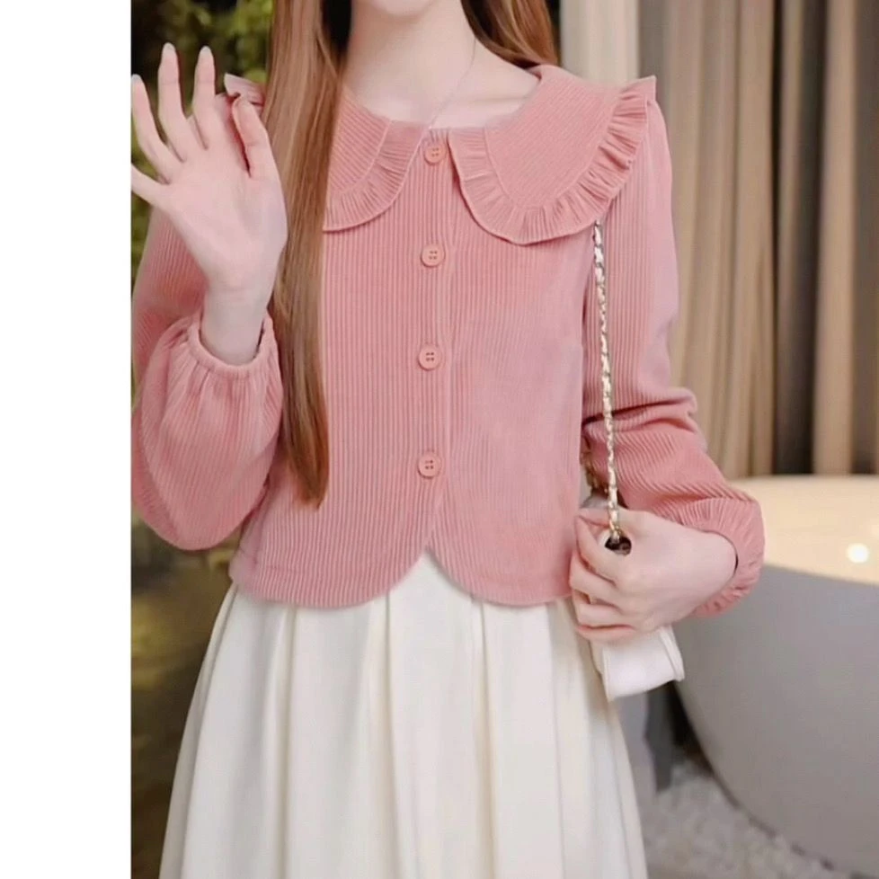 木耳边娃娃领长袖衬衫女2024秋冬新款韩版宽松时尚甜美百搭上衣潮