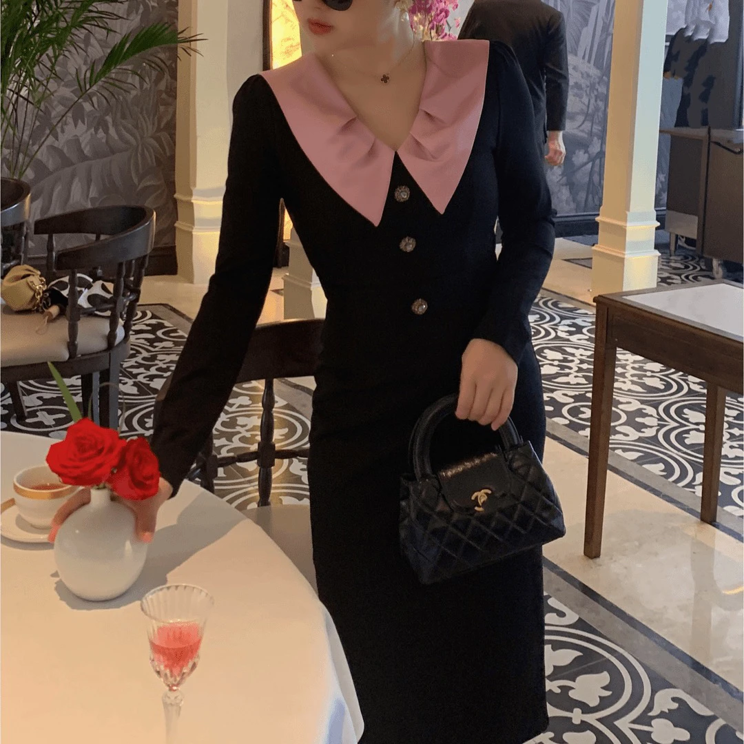 魅鹊 19815 【胭脂裙】法式翻领复古小黑裙