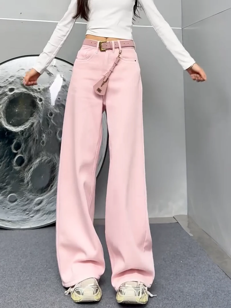 显瘦阔腿牛仔裤子女秋冬新款胖mm大码弯刀加绒加厚直筒拖地裤