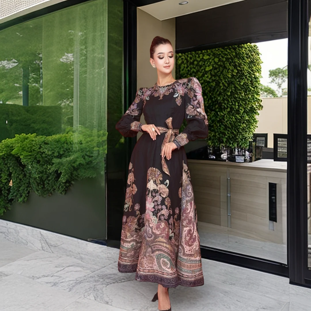 G&PARI （波西米亚美人）秋冬优雅时尚气质A字裙摆连衣裙显瘦收腰