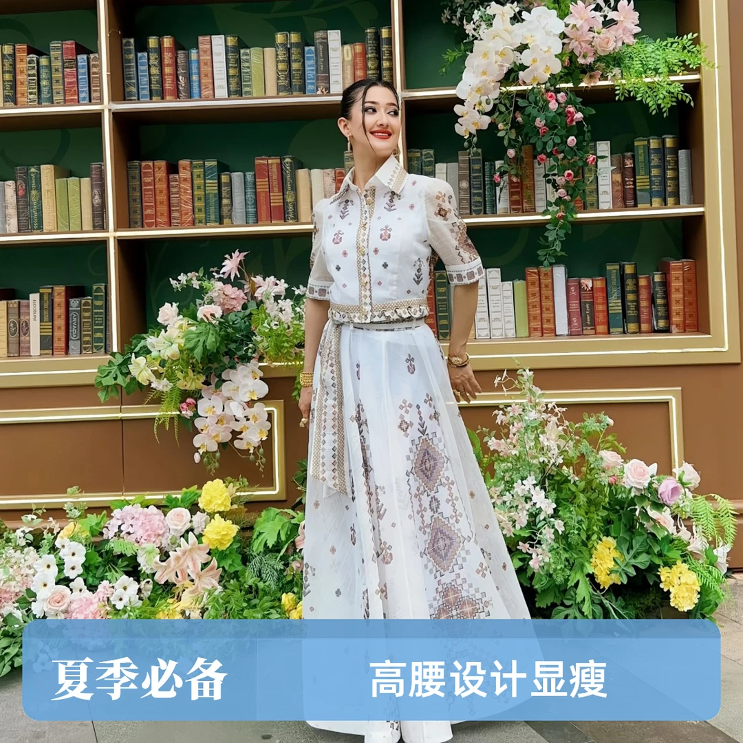 G&PARI（疆魅潮姿）夏季印花优雅设计师长款女装百褶连衣裙