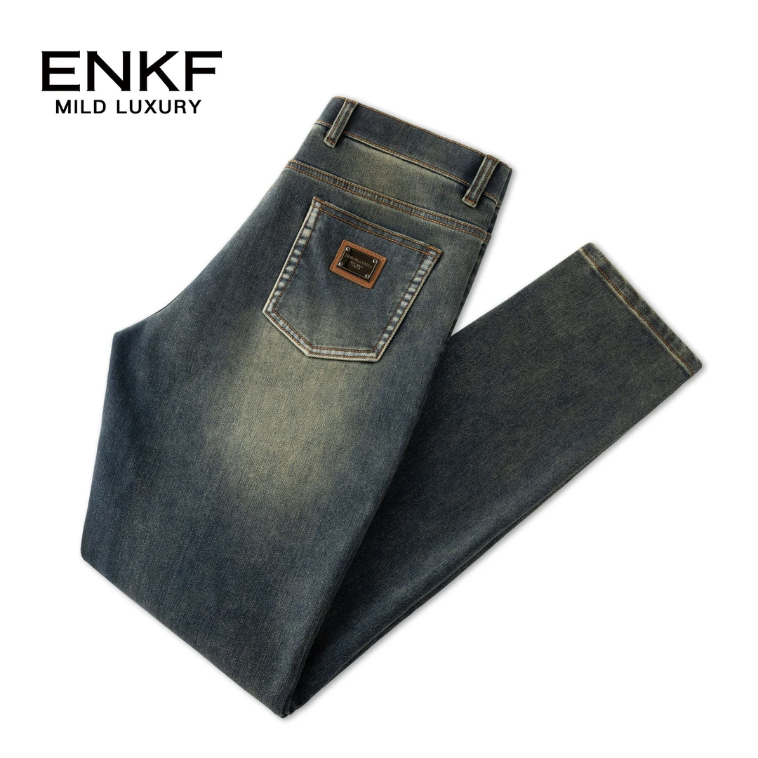 蒙口透美式休闲牛仔裤复古秋季新款男士做旧渐变经典简约长裤