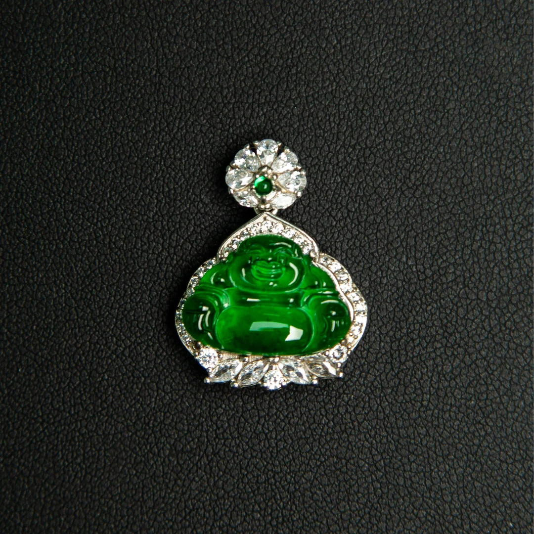 天然A货翡翠925银镶嵌太阳顶珠佛公1