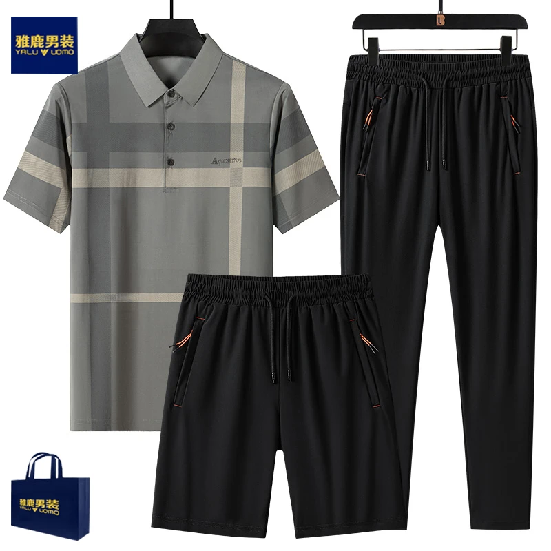 雅鹿男装中年男装爸爸款夏季套装冰丝高档夏装短袖t恤男中年衣服