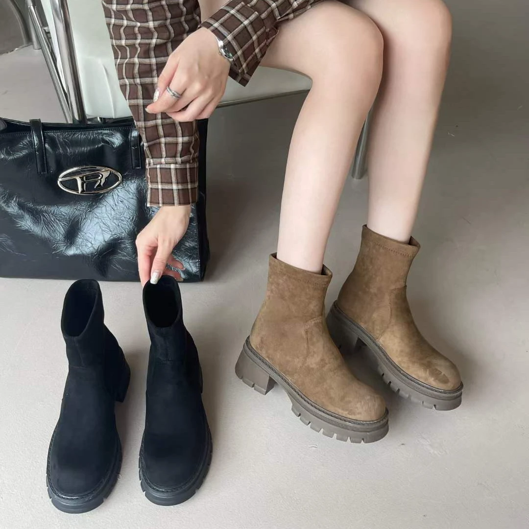 推荐款切尔西JCL粗跟女鞋时尚百搭复古厚底短靴弹力秋冬22M015-20