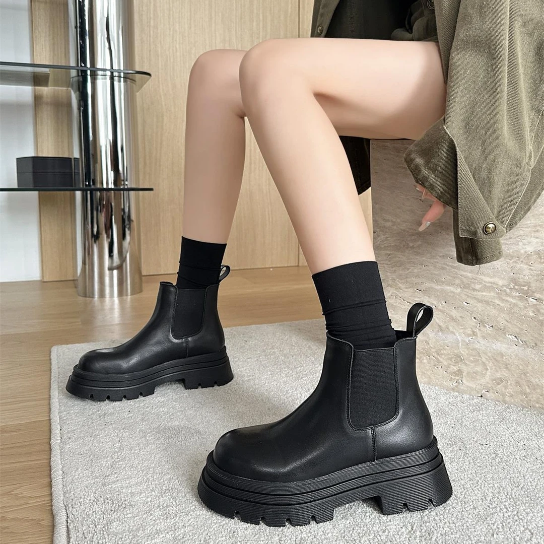 靖哥哥家~牛皮烟筒靴~秋冬网红百搭厚底短靴英伦切尔西23C711-2