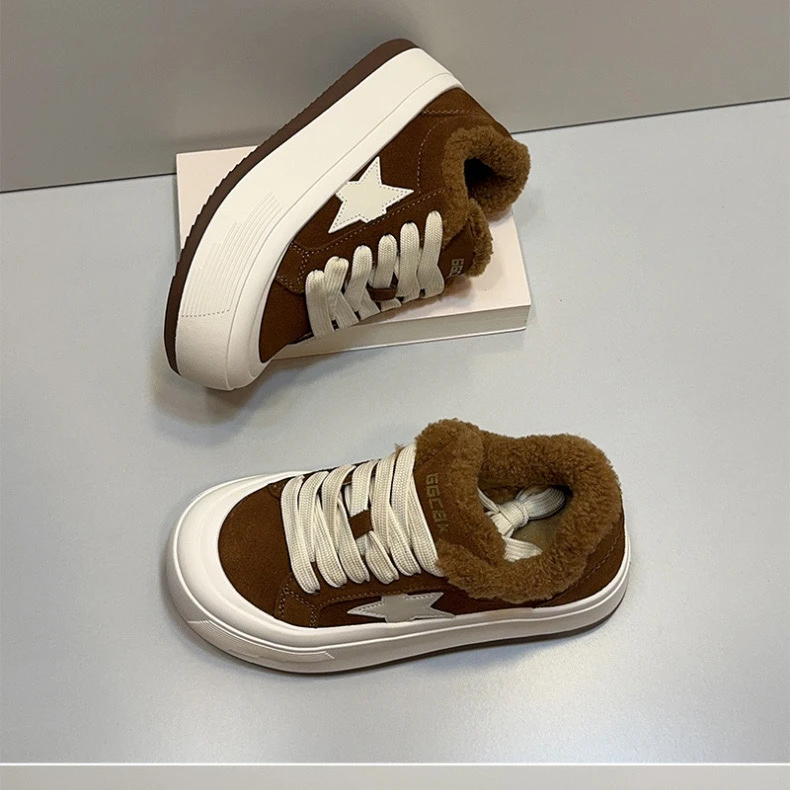 真皮羊羔毛星星鞋女2024冬季新款加绒时尚百搭运动休闲鞋 125012