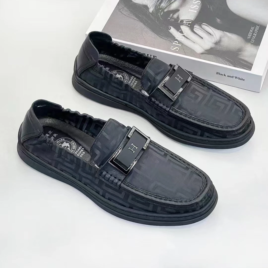 2024秋季商务休闲百搭皮布拼接一脚蹬男士真皮豆豆鞋 109-911152