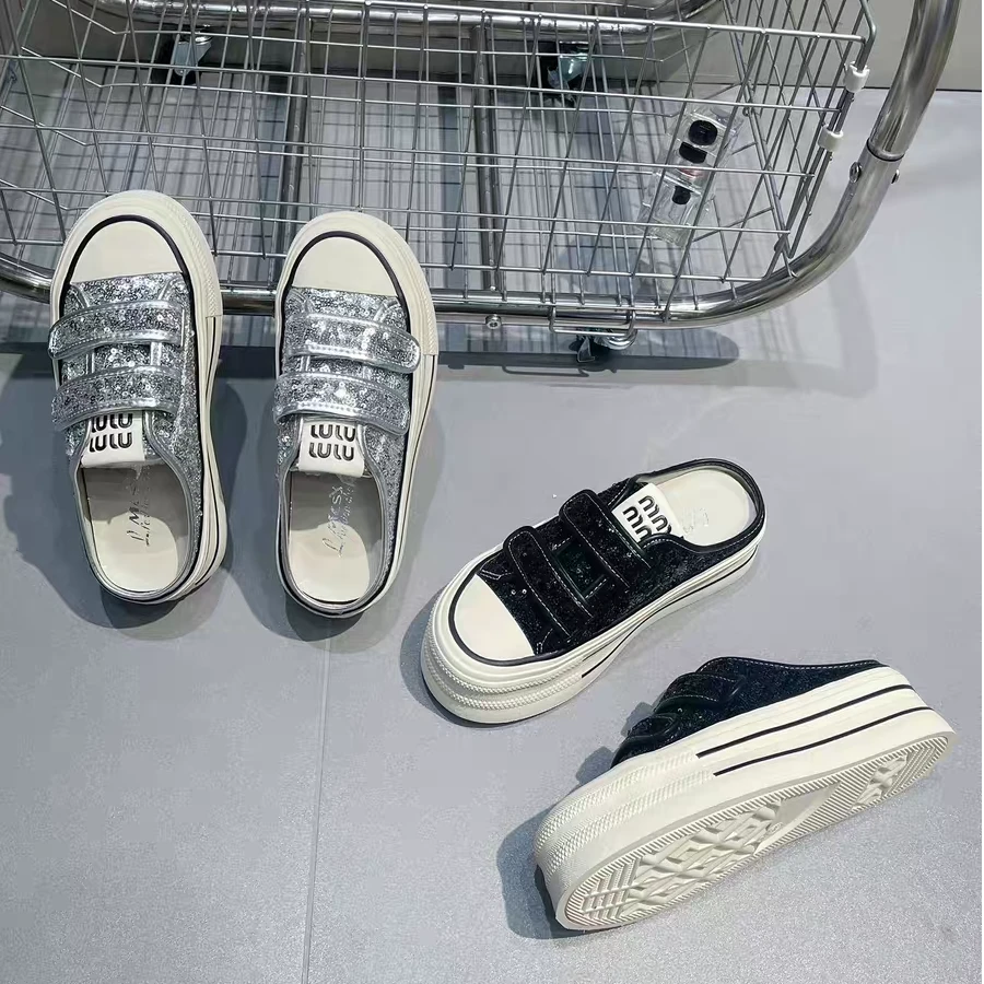 亮片厚底鞋女MLSY2024新款夏懒人一脚蹬魔术贴半包半拖 2639-1