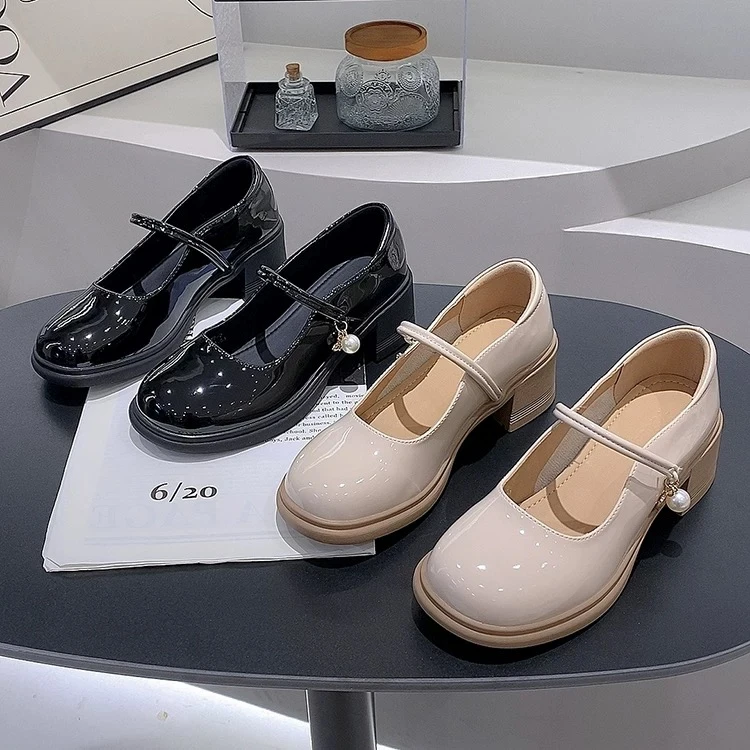 粗跟厚底玛丽珍鞋女2024新款吊坠漆皮中跟一字带单鞋 TTPD 3077-2