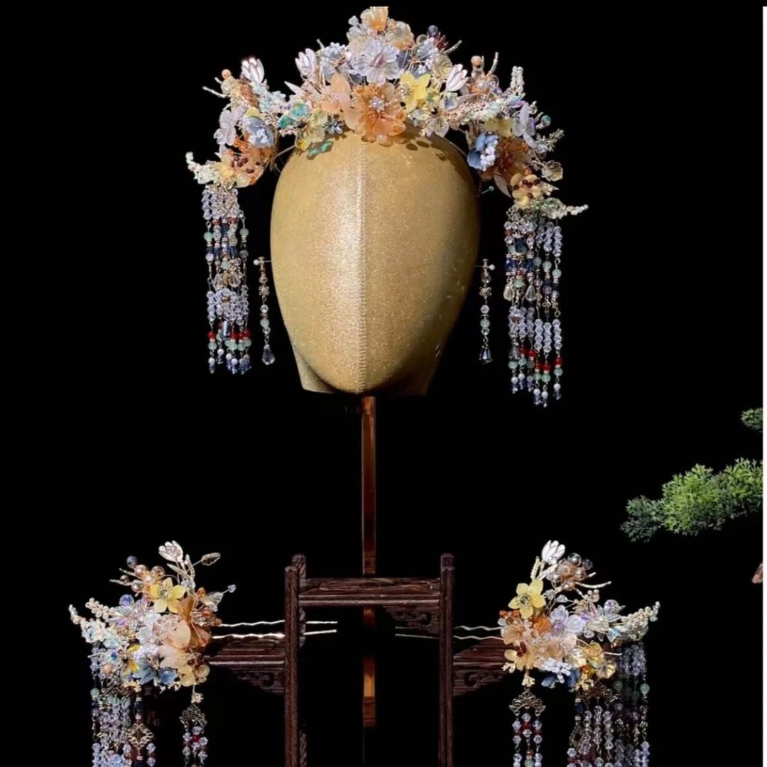 9019金色分体秀禾新娘头饰大气流苏大方