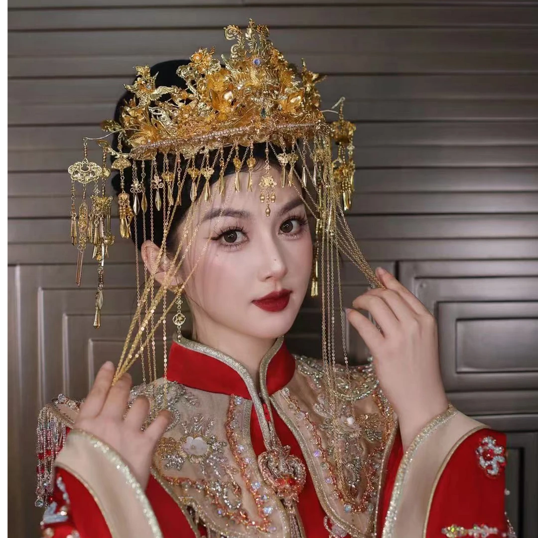 11997ETE新款金色圆冠面帘款高级奢华气质款古装新娘婚礼新娘头饰