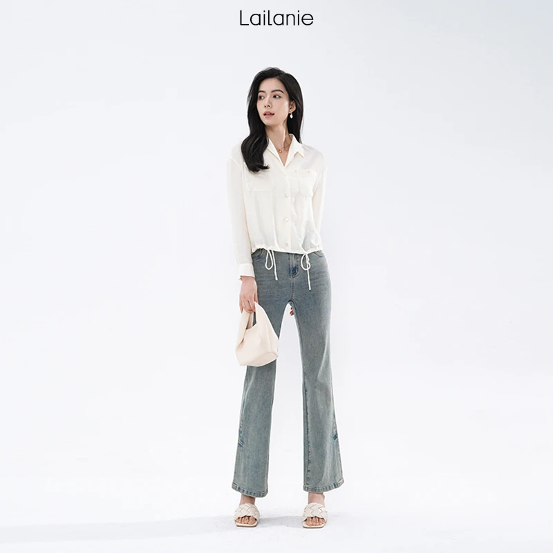 1003 lailanie 设计感压褶抽绳小衫短款V领长袖衬衫上衣2024夏款