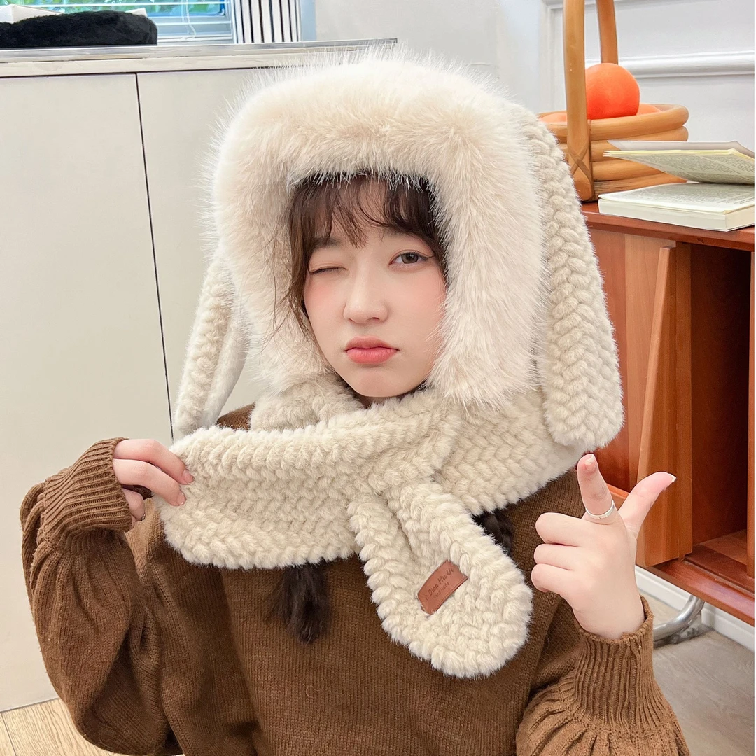 可爱长耳朵帽子围巾一体保暖包头护耳加厚防风秋冬两件套帽子