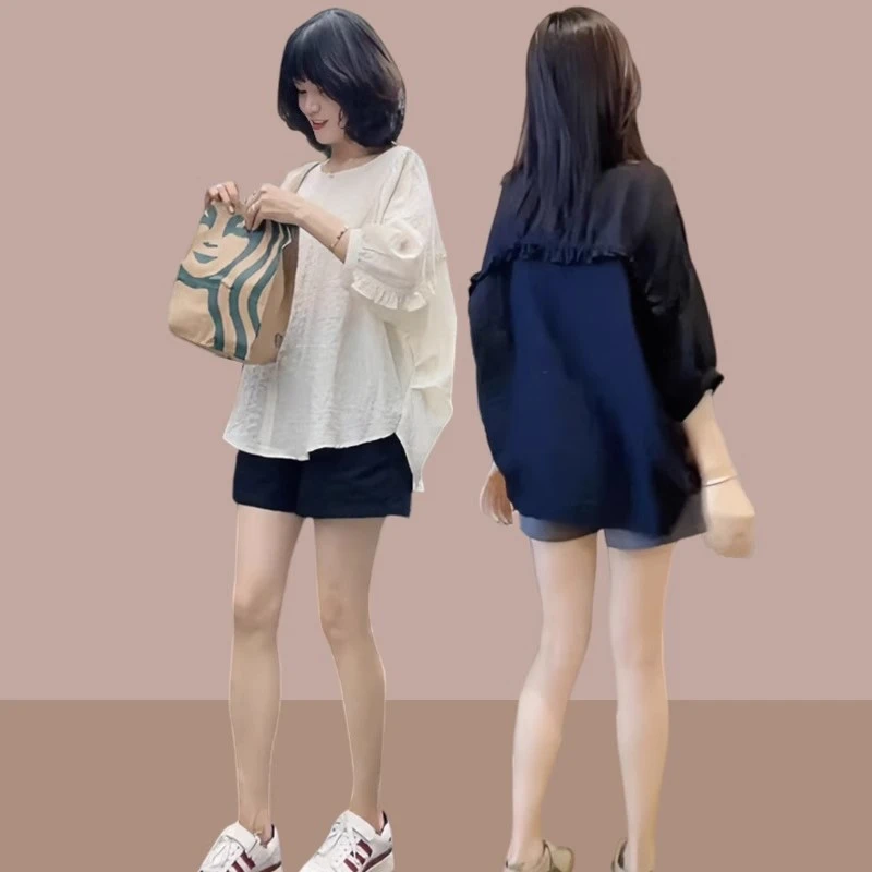 设计感半袖雪纺衬衫上衣女夏2025新款宽松娃娃衫防晒罩衫洋气小衫