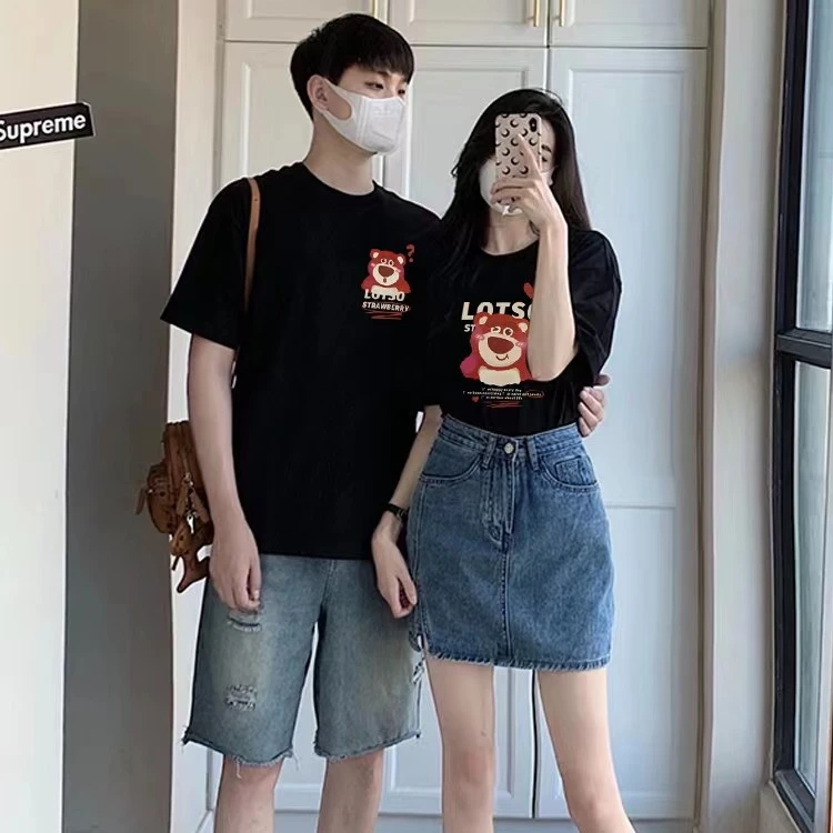 情侣装夏季圆领纯棉印花短袖t恤男女同款超好看设计感小众上衣ins