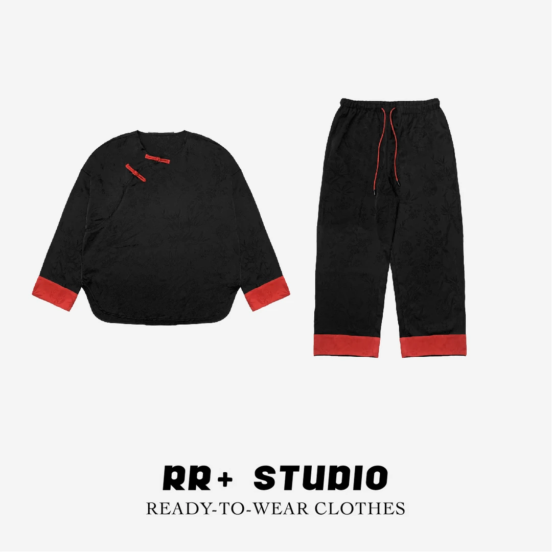 【豆公子】13918国风盘扣气质两件套装女国潮拼色宽松长袖家居服