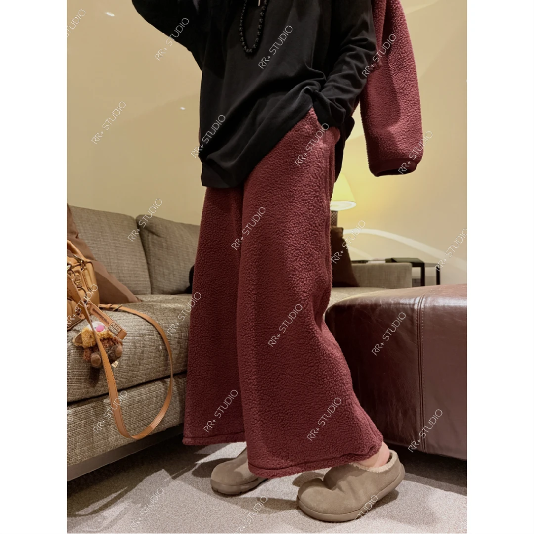 『豆公子』21932韩系简约暖舒摇粒绒休闲裤女百搭宽松可外穿阔腿裤