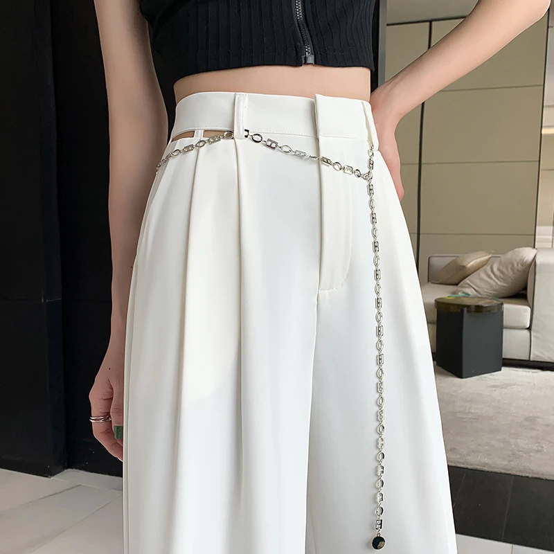 2024夏季新款时尚高腰显瘦链条直筒冰丝拖地休闲阔腿裤白色西装裤