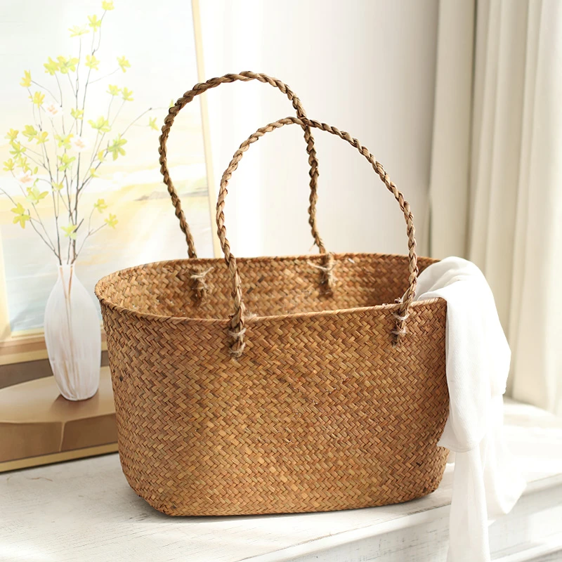 桂味源手工编织海草手提包 挎包手拎包 手提花篮编织袋摄影道具