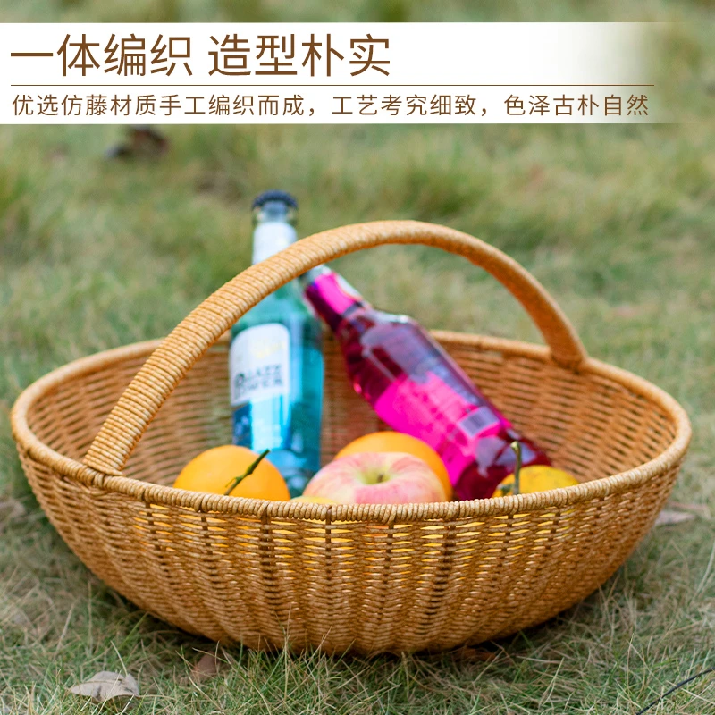 桂味源手提收纳筐户外郊游水果篮野餐工具篮圆形大号田园铁架款