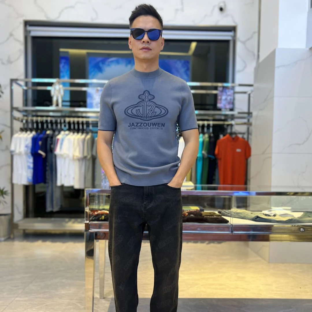 秋冬新品JAZZOUWEN轻奢欧货男士图案保暖短袖绵羊毛衫