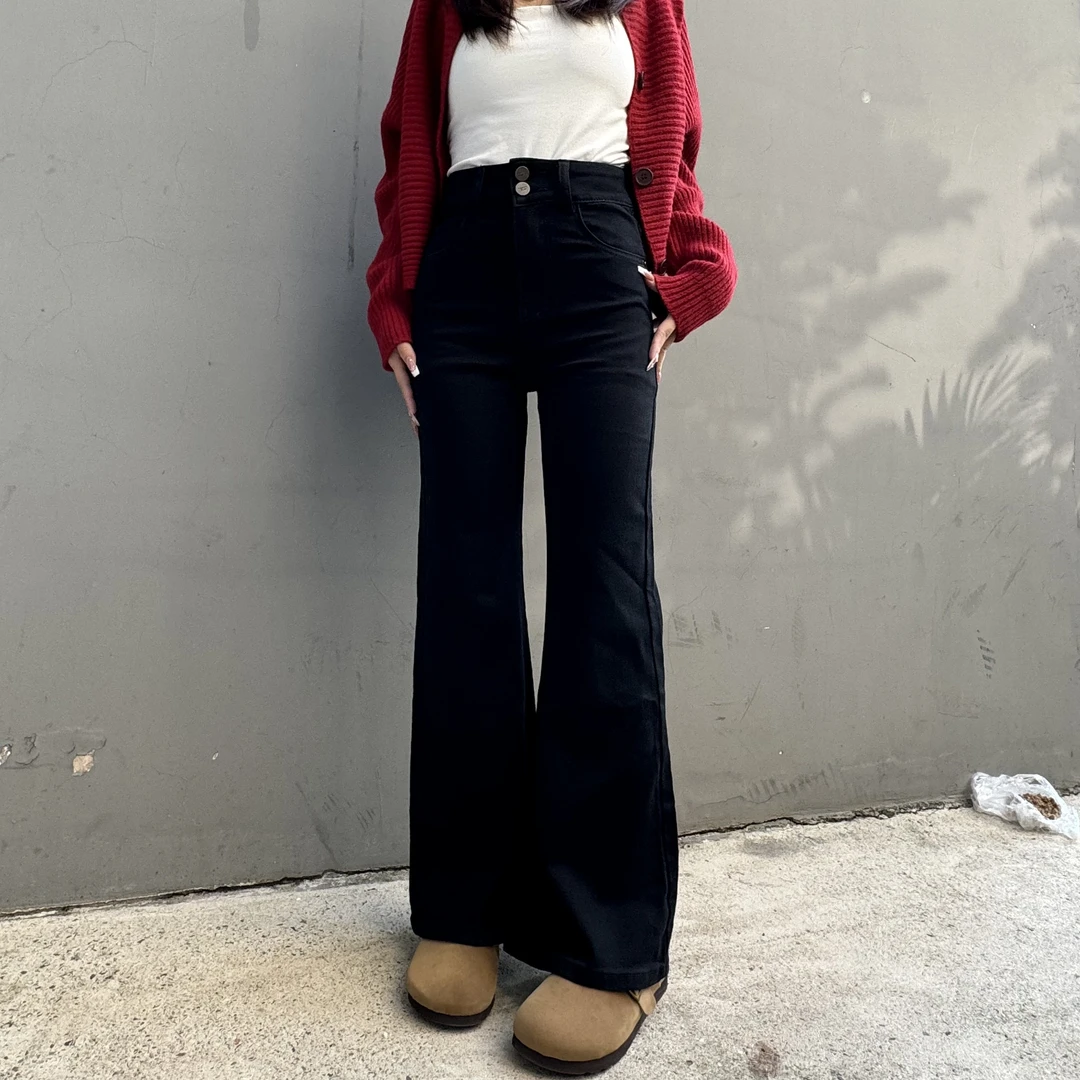 （清货单层和薄绒随机发货）黑色牛仔裤女小个子高腰显瘦微喇裤3110