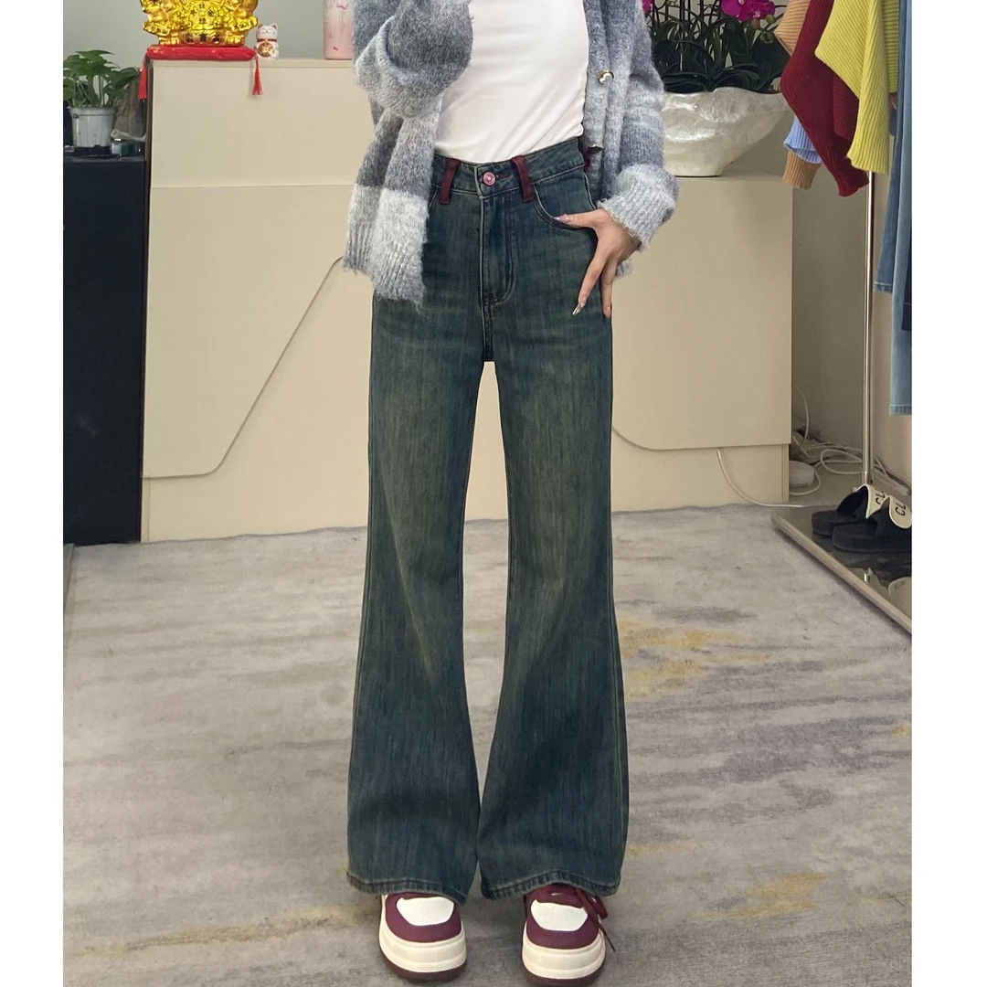 【冬款清货】8005牛仔裤女宽松加绒加厚直筒微喇裤高腰显高显瘦