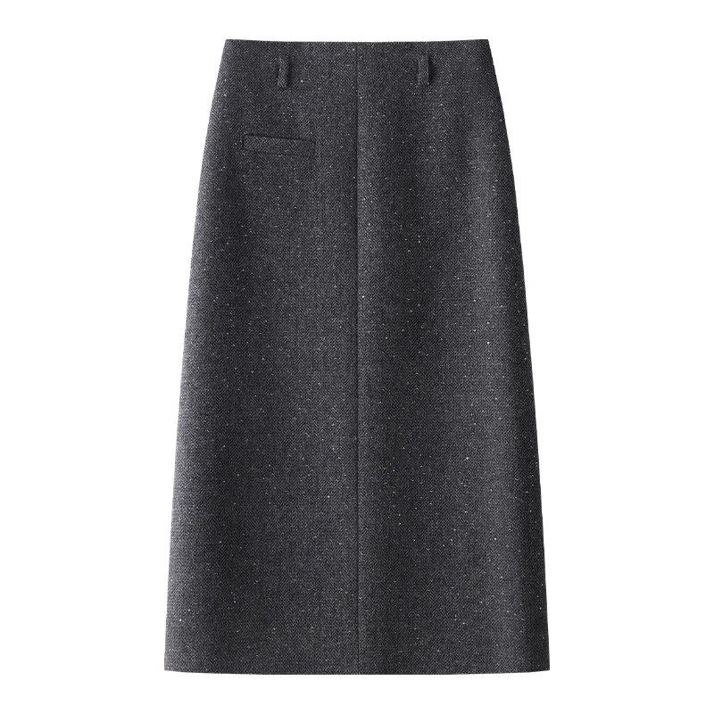 灰色中长款小香风毛呢半身裙女2024新款秋冬款气质直筒开叉包臀裙