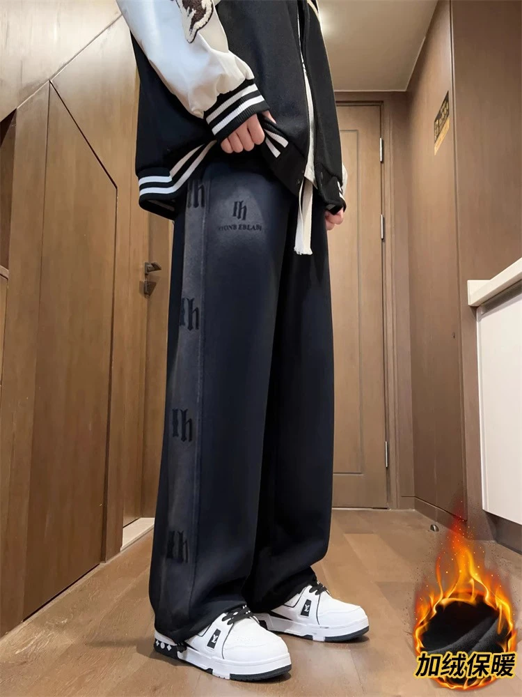 秋冬新款水洗百搭直筒卫裤青少年初高中生宽松休闲加绒加厚长裤男