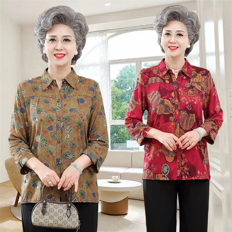 中老年女夏装棉绸七分袖衬衫奶奶夏季翻领上衣妈妈开衫人造棉衬衣