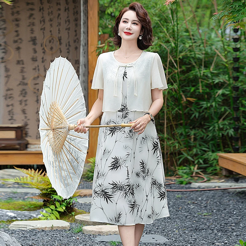 妈妈夏装套装新款气质连衣裙新中式上衣两件套裙子中老年女装夏款