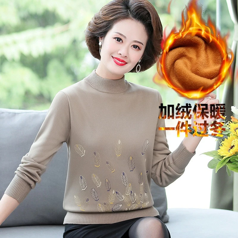 妈妈装冬装套头加厚加绒衫中老年女装大码保暖打底衫中年妇女毛衣