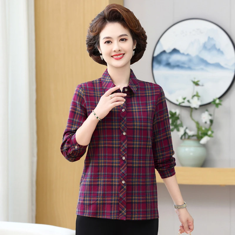纯棉格子衬衫妈妈秋装翻领上衣薄外套春秋中老年女士休闲全棉衬衣