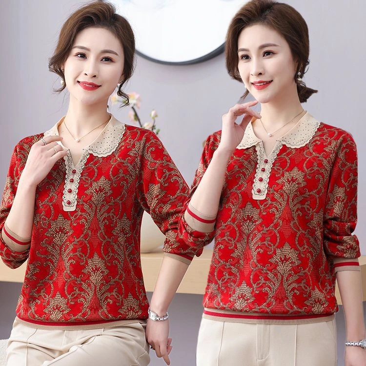 春季新款洋气百搭上衣翻领长袖中老年妈妈装宽松显瘦碎花打底小衫