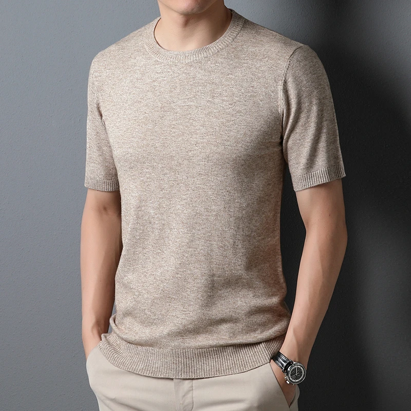 100%纯羊毛衫男士秋冬纯色短袖薄款中青年圆领毛衣半袖针织衫男装