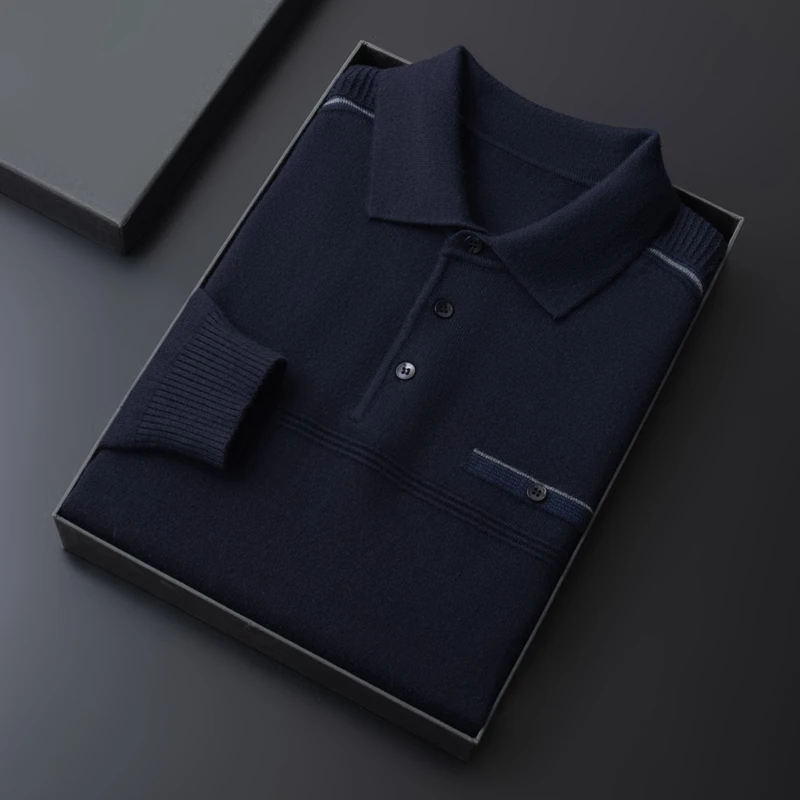 鄂尔多斯产100%山羊毛衫秋冬季男士休闲polo领毛衣翻领长袖t恤