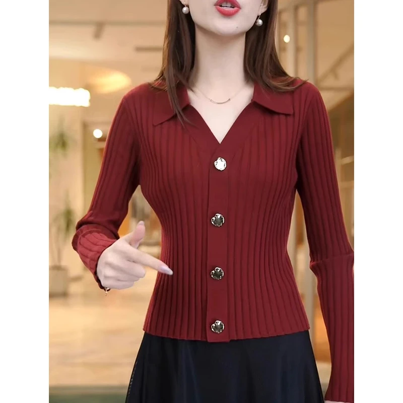 翻领韩版V针织开衫2025早秋新款修身显瘦打底衫气质长袖时尚上衣