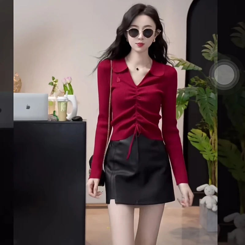 韩版抽绳V领红色针织衫打底衫女装秋季新款时尚修身显瘦百搭上衣