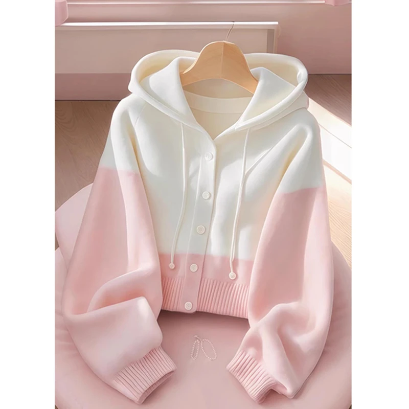 韩系高级多巴胺粉色连帽针织开衫女秋冬季新款慵懒感减龄毛衣上衣