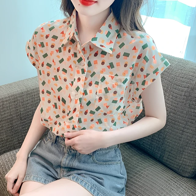 2024新款法式雪纺衬衫碎花女士夏季小衫撞色印花洋气减龄短袖上衣