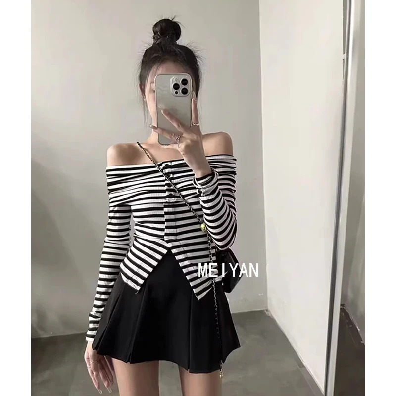 韩系秋季新款一字领露肩条纹上衣百搭减龄显瘦气质针织衫长袖女装