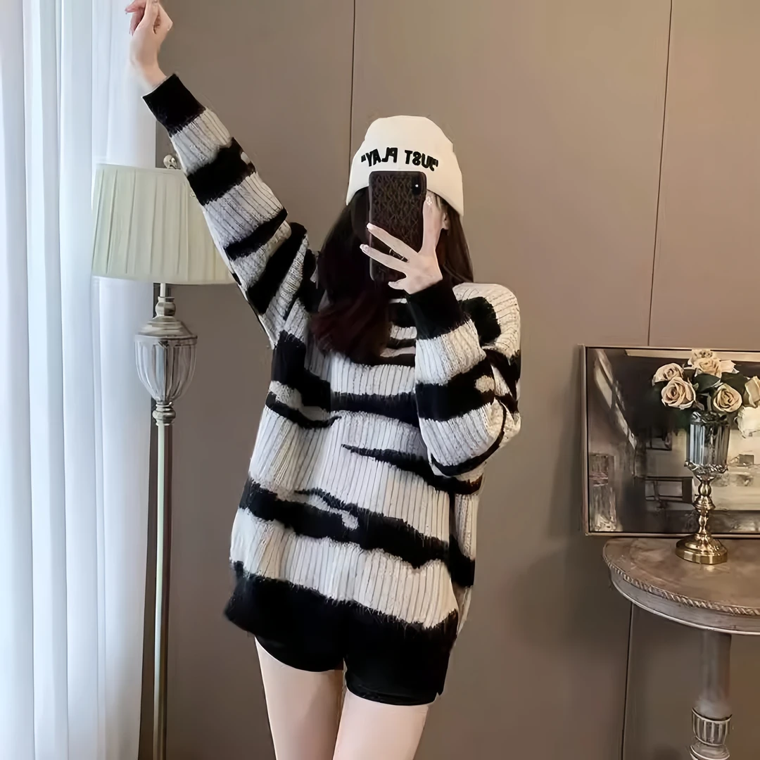 慵懒风复古针织打底衫女上衣2025秋冬款宽松百搭显瘦条纹套头毛衣