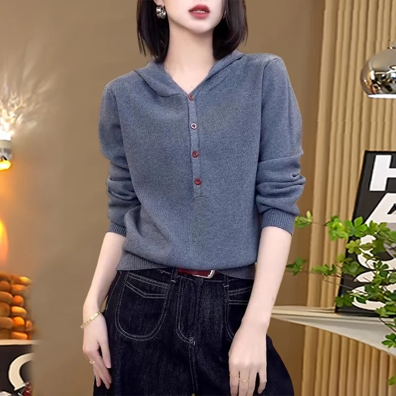 气质连帽针织衫秋季女纽扣半开领长袖百搭新款安可拉红洋气女上衣