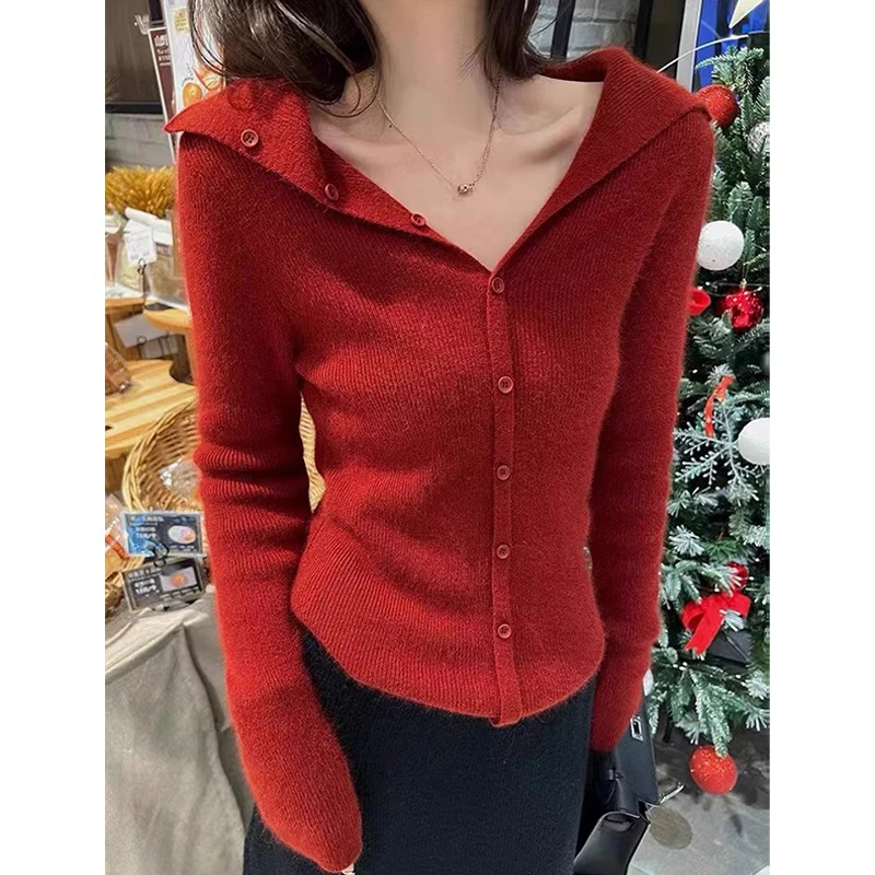 安可拉红v领显瘦针织打底衫长袖女秋冬修身显瘦内搭毛衣气质翻领