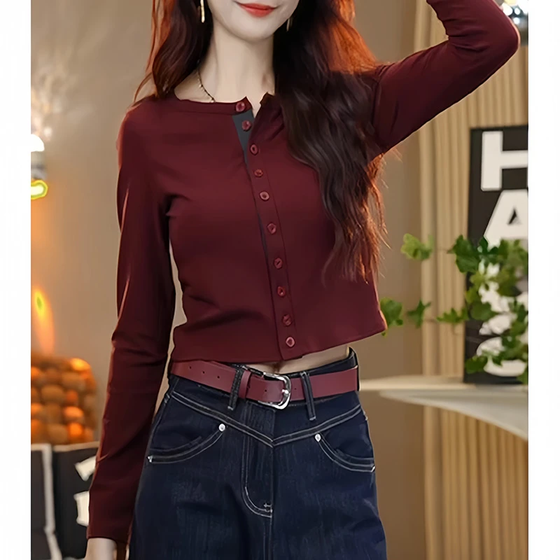 简约圆领韩系针织长袖t恤女秋冬新款时尚打底衫内搭修身短款上衣