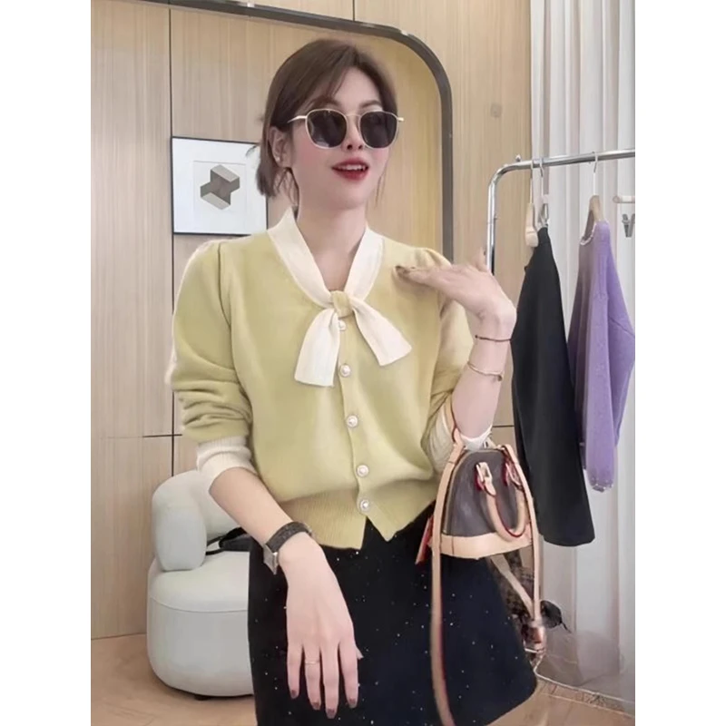 法式蝴蝶结拼色v领显瘦针织衫女士新款软糯毛衣洋气百搭减龄内搭