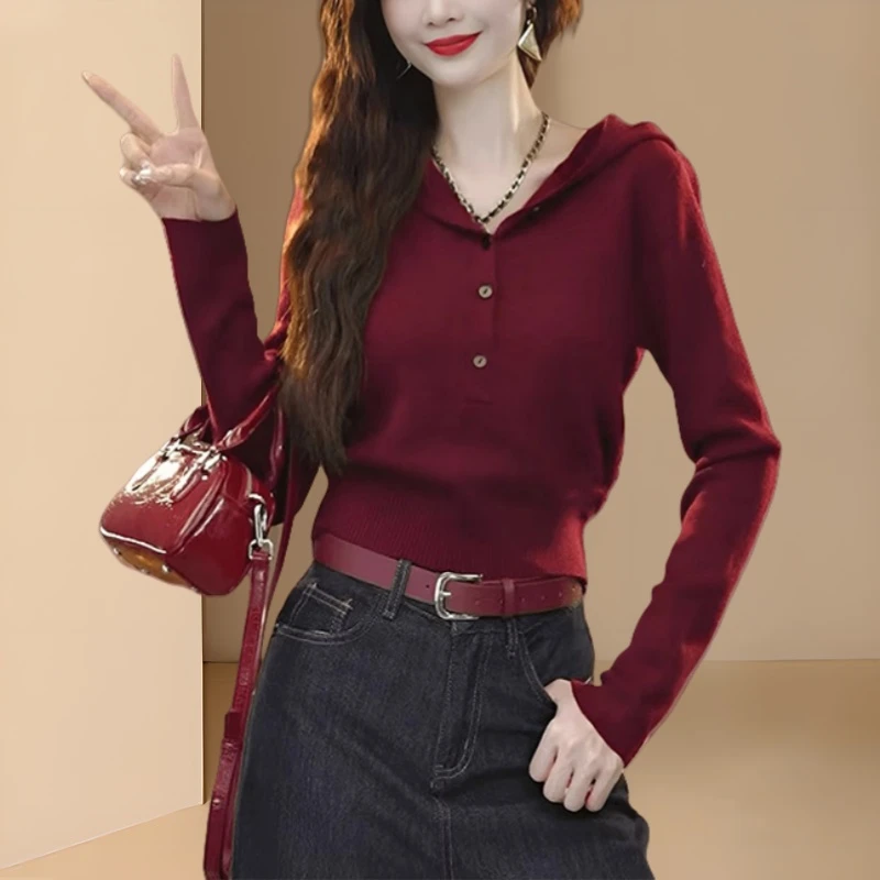 复古红连帽针织衫女2025新款早秋季洋气百搭修身显瘦遮肉打底上衣